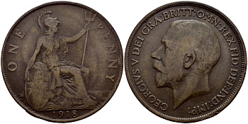 Великобритания 1 пенни 1918 Георг V (1910-1936) KM 810, Spink 4051 бронза 08-722