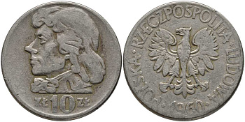 ПОЛЬША 10 ЗЛОТЫХ 1960 MW, КОСТЮШКО KM 50 медно-никель 180-211