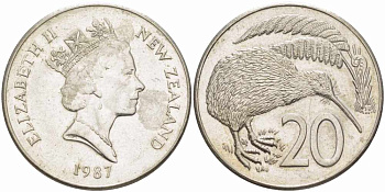 Новая Зеландия 20 центов 1987 Елизавета II (1952-2022), птичка киви KM 62 медно-никель 109-444