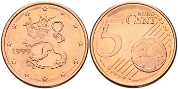 Финляндия 5 евроцентов 1999 KM 100 сталь плакированная медью UNC 4596-924