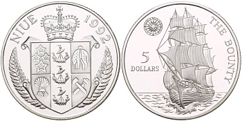 Ниуэ 5 долларов 1992 парусник Баунти, один их кораблей Джеймса Кука KM 55 серебро PROOF 1087-7-73
