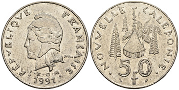 Французская Новая Каледония 50 франков 1991 хижина среди сосен и пальм, (IEOM) KM 13, Schoen 15, Lec 121 никель 4123-125
