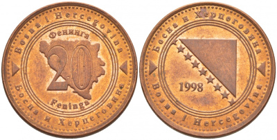 Босния и Герцеговина 20 фенигов 1998 KM 116 сталь плакированная медью UNC 4548-135