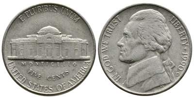США 5 ЦЕНТОВ 1990 D, ДЖЕФЕРСОН KM А192 медно-никель 29-542