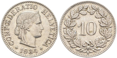 Швейцария 10 раппенов 1934 B KM 27b никель     3309-1134