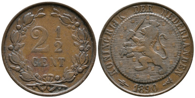НИДЕРЛАНДЫ 2 1/2 ЦЕНТА 1890 KM 108 бронза 34-836