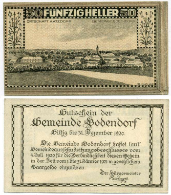 Австрия, Боденсдорф 50 геллеров 1920 31 декабря 1920, нотгельд   бумага  UNC (пресс) 8614-31-2-1