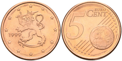 Финляндия 5 евроцентов 1999 KM 100 сталь плакированная медью UNC 4596-924