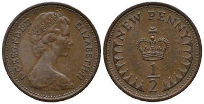 Великобритания 1/2 пенни 1971 Елизавета II (1952-2022) KM 914, Spink 4239 бронза 192-264