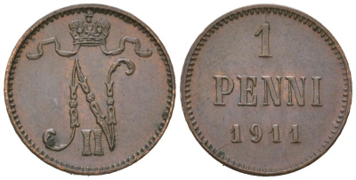 Россия для Финляндии 1 пенни 1911 Николай II (1894-1917) Биткин 471 медь aUNC 4615-341