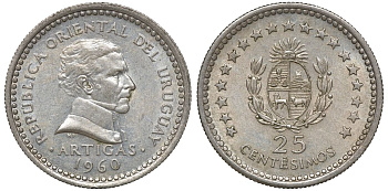 Уругвай 25 сентесимо 1960 KM 40 медно-никель 4169-1037