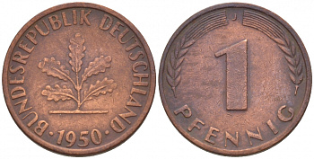 ФРГ 1 ПФЕННИГ 1950 J KM 105, J. 380 сталь плакированная медью 4547-1128