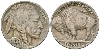 США 5 центов 1936 S, индеец, бизон KM 134 медно-никель 4614-1254