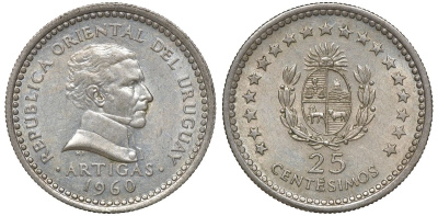 Уругвай 25 сентесимо 1960 KM 40 медно-никель 4169-1037