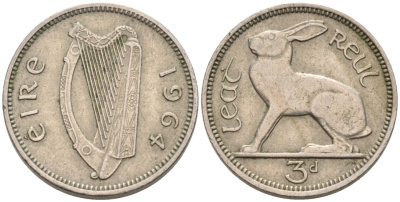 Ирландия 3 пенса 1964 заяц KM 12а медно-никель 92-235