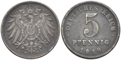 ГЕРМАНИЯ 5 ПФЕННИГОВ 1919 KM 19, J. 297 железо 112-1229