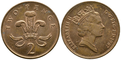 Великобритания 2 пенса 1987 Елизавета II (1952-2022) KM 936, Spink 4376 (C3) бронза 89-1647