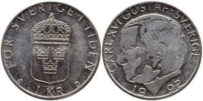 Швеция 1 крона 1992 Карл XVI Густав (1973- ) KM 852a медно-никель 4381-421