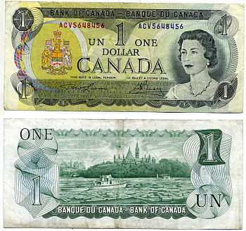 Канада 1 доллар 1973 Елизавета II (1952- ), здание парламента на реке Оттава, Lawson-Bouey, серии 3 буквы Pick 85 а (2) бумага 6266-3-4-1