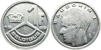 БЕЛЬГИЯ 1 ФРАНК 1989 BELGIQUE KM 170 железо плакированное никелем 4392-863