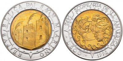 Сан-Марино 500 лир 1992 500 лет открытия Америки KM 286 биметалл UNC 58-1013 M2-18