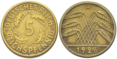 ГЕРМАНИЯ 5 РЕЙХСПФЕННИГОВ 1926 A KM 39, J. 316, Weege 7 алюминиевая бронза 206-814