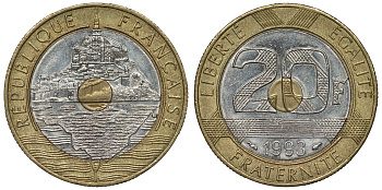 Франция 20 франков 1993 Мон-Сен-Мишель KM 1008.2, Le Franc 403.7 триметалл 4123-716