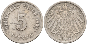 Германия 5 пфеннигов 1899 G KM 11, J. 12 медно-никель 4151-422