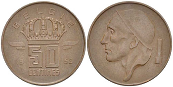 БЕЛЬГИЯ 50 САНТИМОВ 1952 BELGIE, БОДУЭН I (1951-1993) KM 145 бронза 206-136