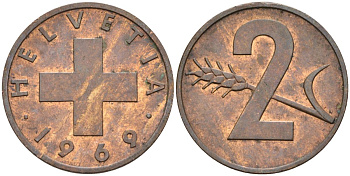 Швейцария 2 раппена 1969 KM 47 бронза 4523-1211