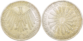 ФРГ 10 МАРОК 1972 J, ОЛИМПИАДА, СПИРАЛЬ KM 134.1, J. 401b серебро 413-1545