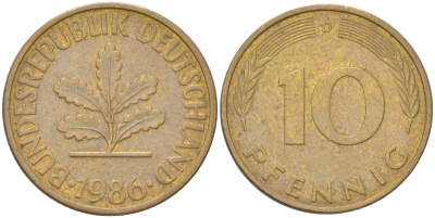 ФРГ 10 пфеннигов 1986 D KM 108 сталь плакированная латунью 4613-1237