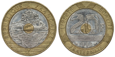 Франция 20 франков 1993 Мон-Сен-Мишель KM 1008.2, Le Franc 403.7 триметалл 4123-716