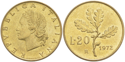 Италия 20 лир 1972 R, дубовый лист KM 97.1 алюминиевая бронза 4523-151