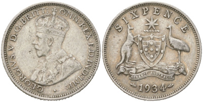 Австралия 6 пенсов 1934 Георг V (1910-1936) KM 25 серебро 4623-166