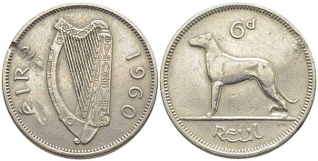 ИРЛАНДИЯ 6 ПЕНСОВ 1960 ИРЛАНДСКИЙ ВОЛКОДАВ KM 13а медно-никель 113-344