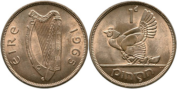 ИРЛАНДИЯ 1 ПЕННИ 1965 КУРИЦА С ЦЫПЛЯТАМИ KM 11 бронза 4531-715