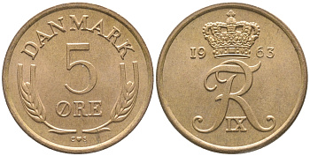 ДАНИЯ 5 ЭРЕ 1963 C; S, ФРЕДЕРИК IX (1947-1972) KM 848.1 бронза аUNC 34-521