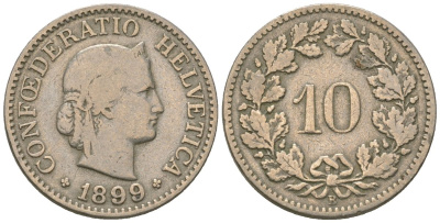 Швейцария 10 раппенов 1899 B KM 27 медно-никель 4615-1011