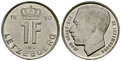 Люксембург 1 франк 1990 Герцог Жан (1964-1999) KM 63 сталь плакированная никелем 4173-1041