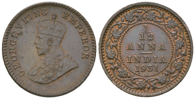 Британская Индия 1/12 анна 1931 Георг V (1910-1936) KM 509 бронза aUNC 4615-237