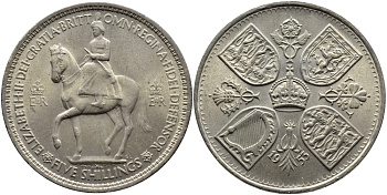 Великобритания 1 крона (5 шиллингов) 1953 коронация королевы Елизаветы, Елизавета II (1952-2022) Елизаветы KM 894, Spink 4136 медно-никель UNC 73-511