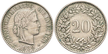 ШВЕЙЦАРИЯ 20 РАППЕНОВ 1939 В KM 29a медно-никель 55-651