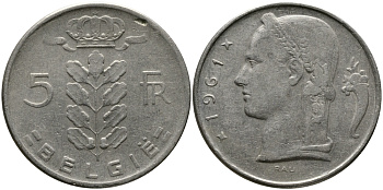 БЕЛЬГИЯ 5 ФРАНКОВ 1961 BELGIE KM 135.1 медно-никель 98-537