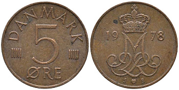 ДАНИЯ 5 ЭРЕ 1978 S; B, МАРГРЕТЕ II (1972-) KM 859.1 железо плакированное медью 116-157