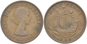Великобритания 1/2 пенни 1958 Елизавета II (1952-2022) KM 896, Spink 4158 бронза 4544-113