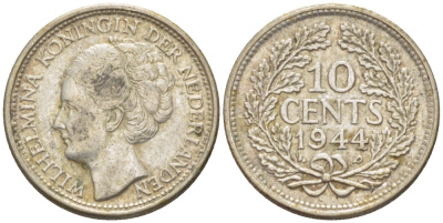 Нидерланды 10 центов 1944 Вильгельмина (1890-1948) KM 163 серебро aUNC 4392-1266