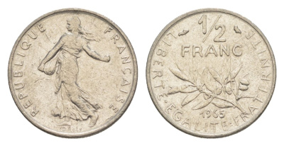 Франция 1/2 франка 1965 сеятель KM 931.1, Le Franc 198.3 никель 4630-416