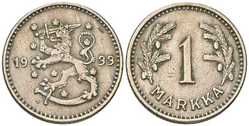 Финляндия 1 марка 1933 S KM 30 медно-никель 4173-619