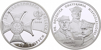 Польша 20 злотых 2008 90 лет восстановления независимости Польши KM 651 серебро PROOF 1077-10-21
